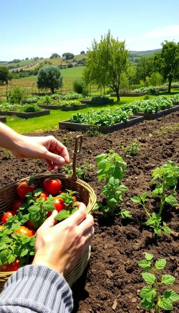 A lush, sun-dappled garden, the soil freshly tilled and ready for planting. In the foreground, a wicker basket overflows with an assortment of vegetable seedlings - vibrant tomatoes, crisp lettuce, and flavorful herbs. A pair of weathered, calloused hands gently place each plant into the earth, taking care to water and nurture them. In the middle ground, rows of raised garden beds beckon, awaiting the next wave of fast-growing veggies. The background depicts a tranquil countryside scene, rolling hills dotted with mature fruit trees and a cloudless azure sky. A sense of peaceful productivity pervades the scene, conveying the joy and satisfaction of growing one's own food. A lush, sun-dappled garden, the soil freshly tilled and ready for planting. In the foreground, a wicker basket overflows with an assortment of vegetable seedlings - vibrant tomatoes, crisp lettuce, and flavorful herbs. A pair of weathered, calloused hands gently place each plant into the earth, taking care to water and nurture them. In the middle ground, rows of raised garden beds beckon, awaiting the next wave of fast-growing veggies. The background depicts a tranquil countryside scene, rolling hills dotted with mature fruit trees and a cloudless azure sky. A sense of peaceful productivity pervades the scene, conveying the joy and satisfaction of growing one's own food.