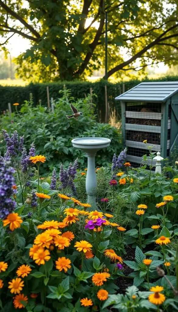 A lush, verdant garden filled with natural pest control strategies. In the foreground, a diverse array of companion plants - marigolds, lavender, and nasturtiums - strategically placed to repel common garden pests. The middle ground showcases a bird bath, attracting insect-eating birds that perch and survey the land. In the background, a composting bin teems with life, providing a natural source of nutrients and a haven for beneficial insects. Soft, natural lighting filters through the canopy of trees, casting a warm, serene glow over the scene. The overall atmosphere is one of harmony, balance, and a deep connection to the rhythms of nature. A lush, verdant garden filled with natural pest control strategies. In the foreground, a diverse array of companion plants - marigolds, lavender, and nasturtiums - strategically placed to repel common garden pests. The middle ground showcases a bird bath, attracting insect-eating birds that perch and survey the land. In the background, a composting bin teems with life, providing a natural source of nutrients and a haven for beneficial insects. Soft, natural lighting filters through the canopy of trees, casting a warm, serene glow over the scene. The overall atmosphere is one of harmony, balance, and a deep connection to the rhythms of nature.