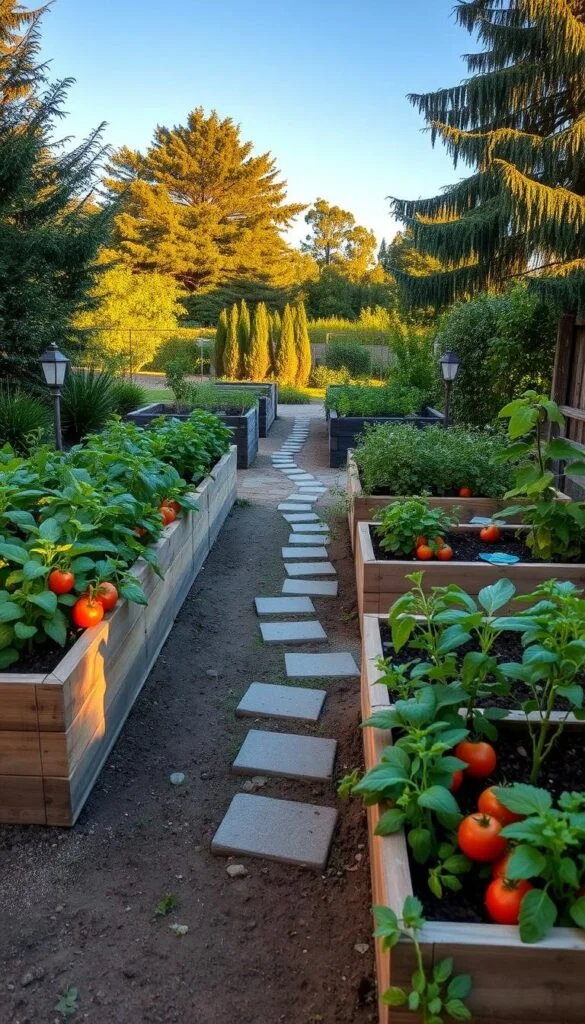 A lush, vibrant backyard vegetable garden nestled within a well-designed raised bed setup. The foreground showcases a series of neatly constructed wooden planters, their soil brimming with thriving plants - tomatoes, leafy greens, and fragrant herbs. Warm, natural lighting casts a soft glow, highlighting the textures of the wood and the verdant foliage. In the middle ground, a path of stepping stones winds through the garden, leading the eye towards a backdrop of mature trees and a clear blue sky. The overall atmosphere conveys a sense of tranquility, productivity, and a harmonious coexistence between nature and human cultivation. A lush, vibrant backyard vegetable garden nestled within a well-designed raised bed setup. The foreground showcases a series of neatly constructed wooden planters, their soil brimming with thriving plants - tomatoes, leafy greens, and fragrant herbs. Warm, natural lighting casts a soft glow, highlighting the textures of the wood and the verdant foliage. In the middle ground, a path of stepping stones winds through the garden, leading the eye towards a backdrop of mature trees and a clear blue sky. The overall atmosphere conveys a sense of tranquility, productivity, and a harmonious coexistence between nature and human cultivation.
