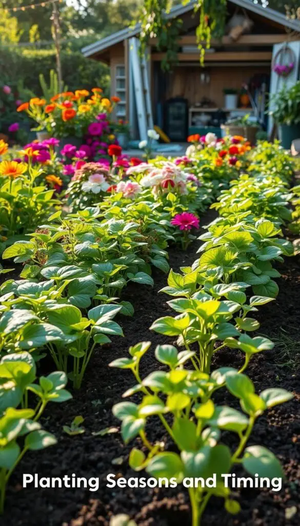 A lush, vibrant garden scene with a variety of thriving plants. In the foreground, rows of seedlings and young vegetable plants, their leaves glistening with morning dew. In the middle ground, a diverse array of flowering annuals and perennials, their petals bursting with color. In the background, a shed or greenhouse with tools and gardening supplies, bathed in warm, natural lighting. The overall mood is one of serenity and abundance, conveying the joy and satisfaction of a well-timed and well-planned planting season. The image captures the essence of the "Understanding Planting Seasons and Timing" section, inspiring viewers to start their own gardening journey. A lush, vibrant garden scene with a variety of thriving plants. In the foreground, rows of seedlings and young vegetable plants, their leaves glistening with morning dew. In the middle ground, a diverse array of flowering annuals and perennials, their petals bursting with color. In the background, a shed or greenhouse with tools and gardening supplies, bathed in warm, natural lighting. The overall mood is one of serenity and abundance, conveying the joy and satisfaction of a well-timed and well-planned planting season. The image captures the essence of the "Understanding Planting Seasons and Timing" section, inspiring viewers to start their own gardening journey.