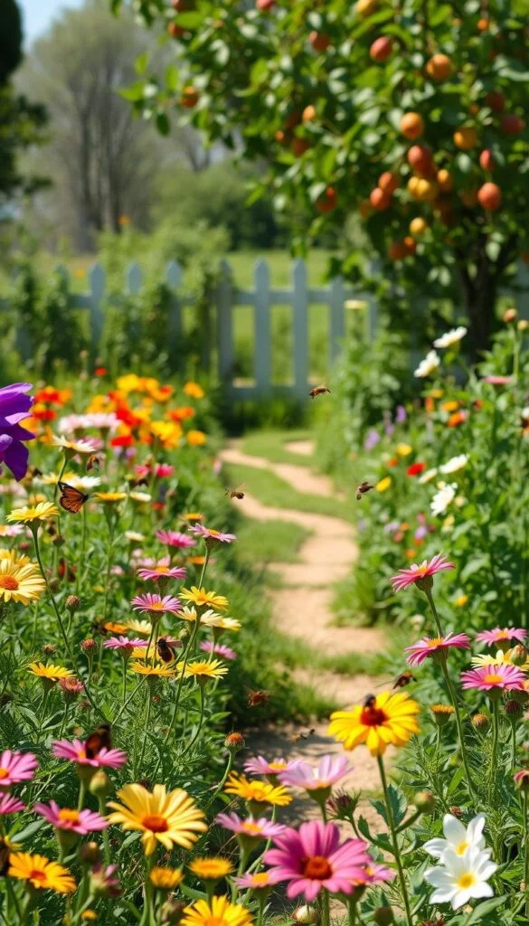 A lush, vibrant pollinator-friendly garden in the foreground, filled with a diverse array of blooming flowers and plants. Bees, butterflies, and other pollinators fluttering amongst the petals, their delicate movements captured in a crisp, natural lighting. The middle ground features a winding garden path, leading the eye deeper into the scene. In the background, a charming country-style fence and a few fruit trees, their branches heavy with ripe produce, create a sense of abundance and harmony. The overall atmosphere is one of tranquility and natural beauty, inviting the viewer to immerse themselves in the wonder of a thriving, pollinator-friendly food garden. A lush, vibrant pollinator-friendly garden in the foreground, filled with a diverse array of blooming flowers and plants. Bees, butterflies, and other pollinators fluttering amongst the petals, their delicate movements captured in a crisp, natural lighting. The middle ground features a winding garden path, leading the eye deeper into the scene. In the background, a charming country-style fence and a few fruit trees, their branches heavy with ripe produce, create a sense of abundance and harmony. The overall atmosphere is one of tranquility and natural beauty, inviting the viewer to immerse themselves in the wonder of a thriving, pollinator-friendly food garden.