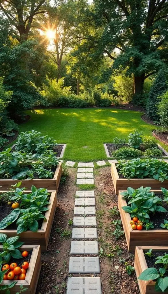 A lush, well-organized vegetable garden layout with clearly marked sunlight zones. The foreground features raised garden beds in a symmetrical arrangement, with crops like tomatoes, leafy greens, and root vegetables thriving in the optimal sunlight conditions. The middle ground showcases a central pathway lined with decorative pavers, allowing easy navigation through the productive plot. In the background, a verdant, manicured lawn frames the scene, complemented by the warm glow of the afternoon sun filtering through the canopy of mature trees. The composition emphasizes the harmony between functionality and aesthetics, creating an inviting and inspiring backyard oasis for the urban gardener. A lush, well-organized vegetable garden layout with clearly marked sunlight zones. The foreground features raised garden beds in a symmetrical arrangement, with crops like tomatoes, leafy greens, and root vegetables thriving in the optimal sunlight conditions. The middle ground showcases a central pathway lined with decorative pavers, allowing easy navigation through the productive plot. In the background, a verdant, manicured lawn frames the scene, complemented by the warm glow of the afternoon sun filtering through the canopy of mature trees. The composition emphasizes the harmony between functionality and aesthetics, creating an inviting and inspiring backyard oasis for the urban gardener.