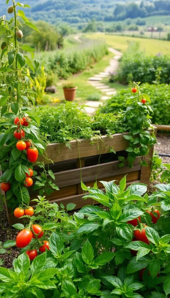 A lush, well-tended vegetable garden flourishes in the foreground, showcasing a variety of thriving plants such as leafy greens, vibrant tomatoes, and plump bell peppers. The mid-ground features a wooden planter box overflowing with cascading herbs, their aromatic leaves gently swaying in the soft, natural lighting. In the background, a tranquil garden path winds through a verdant landscape, inviting the viewer to explore and discover the joys of homegrown produce. The scene emanates a sense of serenity and abundance, inspiring the viewer to cultivate their own thriving veggie garden. A lush, well-tended vegetable garden flourishes in the foreground, showcasing a variety of thriving plants such as leafy greens, vibrant tomatoes, and plump bell peppers. The mid-ground features a wooden planter box overflowing with cascading herbs, their aromatic leaves gently swaying in the soft, natural lighting. In the background, a tranquil garden path winds through a verdant landscape, inviting the viewer to explore and discover the joys of homegrown produce. The scene emanates a sense of serenity and abundance, inspiring the viewer to cultivate their own thriving veggie garden.