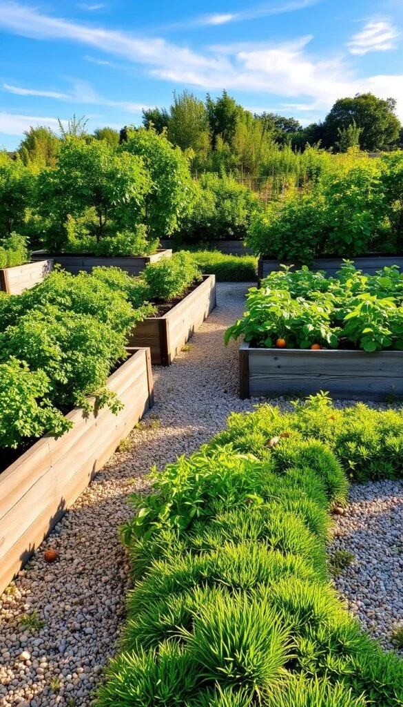 A meticulously designed raised bed garden, bathed in warm afternoon sunlight. The rectangular beds are constructed with weathered wooden planks, their edges softened by time. Lush, verdant plants flourish within, their leaves rustling gently in a light breeze. Carrots, leafy greens, and vibrant tomatoes grow in orderly rows, their colors a symphony of earthy tones. In the foreground, a winding gravel path invites exploration, leading the viewer deeper into this oasis of productivity. Surrounding the beds, a low stone wall adds a touch of natural elegance, blending seamlessly with the verdant landscape. Overhead, a clear blue sky, dotted with wispy clouds, completes the serene, inviting atmosphere. A meticulously designed raised bed garden, bathed in warm afternoon sunlight. The rectangular beds are constructed with weathered wooden planks, their edges softened by time. Lush, verdant plants flourish within, their leaves rustling gently in a light breeze. Carrots, leafy greens, and vibrant tomatoes grow in orderly rows, their colors a symphony of earthy tones. In the foreground, a winding gravel path invites exploration, leading the viewer deeper into this oasis of productivity. Surrounding the beds, a low stone wall adds a touch of natural elegance, blending seamlessly with the verdant landscape. Overhead, a clear blue sky, dotted with wispy clouds, completes the serene, inviting atmosphere.
