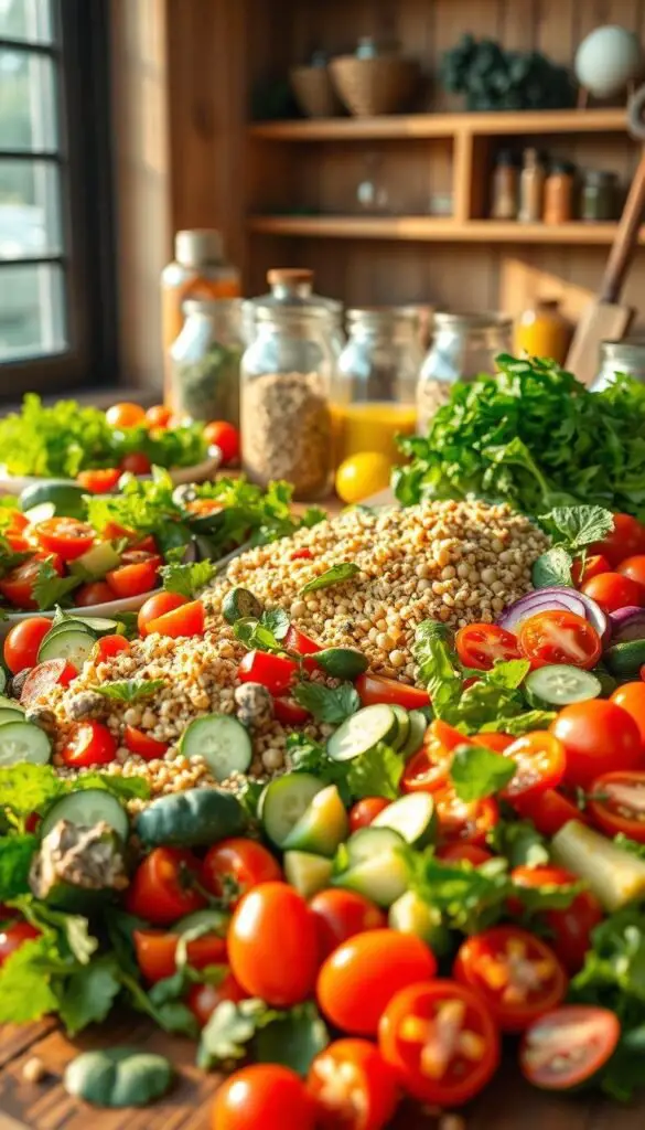 A mouthwatering display of fresh, vibrant summer salads overflows a rustic wooden table. In the foreground, a variety of colorful vegetables - juicy tomatoes, crisp cucumbers, crunchy bell peppers, and leafy greens - are arranged in an artful composition, bathed in warm, golden sunlight filtering through a large window. The middle ground features a mix of wholesome ingredients like quinoa, chickpeas, and avocado, dressed in a light, tangy vinaigrette. In the background, jars of fragrant herbs and spices add pops of color, complementing the overall sense of health and vitality. The scene exudes a relaxed, summery mood, inviting the viewer to indulge in these nourishing, vegetarian-friendly salad creations. A mouthwatering display of fresh, vibrant summer salads overflows a rustic wooden table. In the foreground, a variety of colorful vegetables - juicy tomatoes, crisp cucumbers, crunchy bell peppers, and leafy greens - are arranged in an artful composition, bathed in warm, golden sunlight filtering through a large window. The middle ground features a mix of wholesome ingredients like quinoa, chickpeas, and avocado, dressed in a light, tangy vinaigrette. In the background, jars of fragrant herbs and spices add pops of color, complementing the overall sense of health and vitality. The scene exudes a relaxed, summery mood, inviting the viewer to indulge in these nourishing, vegetarian-friendly salad creations.