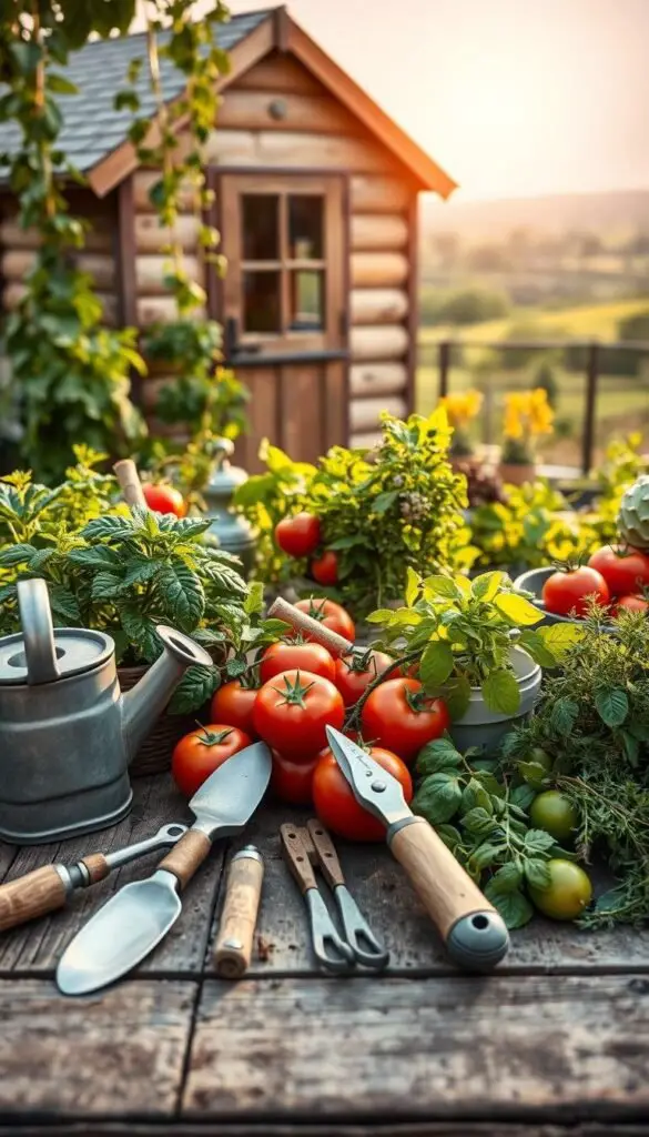A neatly arranged kitchen garden layout, featuring a well-maintained array of gardening tools. The foreground showcases a collection of essential implements including a hand trowel, a pair of pruning shears, a watering can, and a small rake, all positioned on a wooden surface with a rustic, weathered texture. In the middle ground, lush, vibrant vegetable plants and herbs, such as tomatoes, leafy greens, and fragrant herbs, create a sense of thriving abundance. The background features a picturesque landscape, with a wooden shed or greenhouse providing a focal point, bathed in warm, natural lighting that casts a soft, inviting glow over the entire scene. The overall atmosphere conveys a sense of order, productivity, and the joy of nurturing a bountiful home garden. A neatly arranged kitchen garden layout, featuring a well-maintained array of gardening tools. The foreground showcases a collection of essential implements including a hand trowel, a pair of pruning shears, a watering can, and a small rake, all positioned on a wooden surface with a rustic, weathered texture. In the middle ground, lush, vibrant vegetable plants and herbs, such as tomatoes, leafy greens, and fragrant herbs, create a sense of thriving abundance. The background features a picturesque landscape, with a wooden shed or greenhouse providing a focal point, bathed in warm, natural lighting that casts a soft, inviting glow over the entire scene. The overall atmosphere conveys a sense of order, productivity, and the joy of nurturing a bountiful home garden.