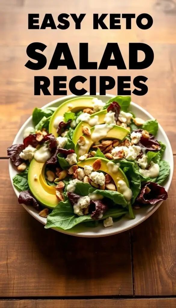 A neatly arranged salad with vibrant greens, sliced avocado, crumbled feta, and toasted almonds, bathed in a creamy keto-friendly dressing, captured in a soft, warm-toned lighting. The salad is presented on a rustic wooden table, with a minimalist, stylish background that evokes a sense of simplicity and health-consciousness. The composition is balanced, with the ingredients artfully placed to create an appetizing and visually appealing display. The overall mood is one of freshness, nutrition, and effortless sophistication, perfectly capturing the essence of "Easy Keto Salad Recipes". A neatly arranged salad with vibrant greens, sliced avocado, crumbled feta, and toasted almonds, bathed in a creamy keto-friendly dressing, captured in a soft, warm-toned lighting. The salad is presented on a rustic wooden table, with a minimalist, stylish background that evokes a sense of simplicity and health-consciousness. The composition is balanced, with the ingredients artfully placed to create an appetizing and visually appealing display. The overall mood is one of freshness, nutrition, and effortless sophistication, perfectly capturing the essence of "Easy Keto Salad Recipes".
