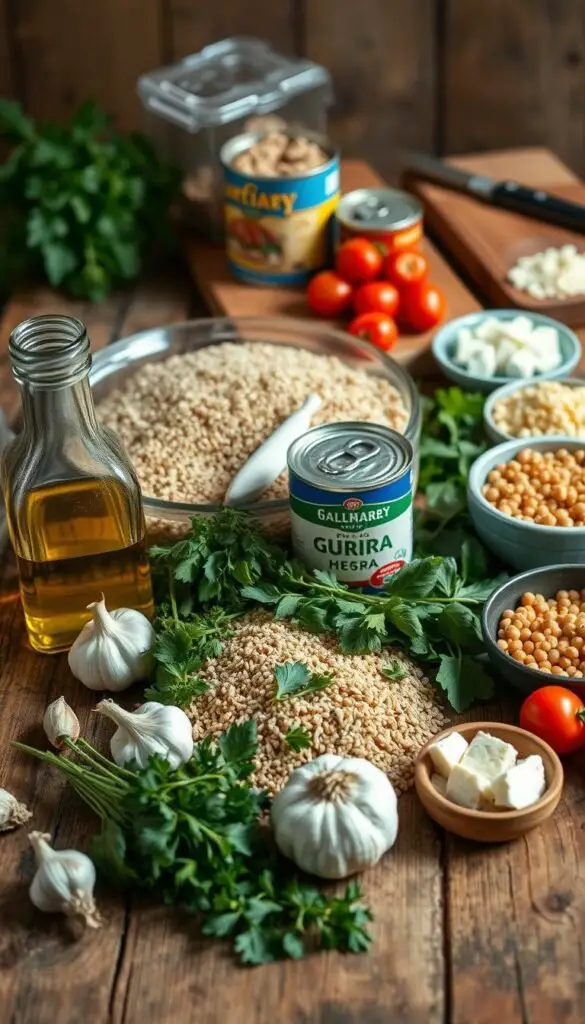 A neatly arranged spread of Mediterranean meal prep essentials on a rustic wooden table, with warm, natural lighting illuminating the scene. In the foreground, a selection of fresh herbs, garlic, and olive oil in glass bottles. In the middle ground, various whole grains like bulgur and quinoa, alongside canned chickpeas and tomatoes. In the background, a cutting board with knife and a plate of crumbled feta cheese. The overall atmosphere conveys a sense of simplicity, health, and the vibrant flavors of the Mediterranean culinary tradition. A neatly arranged spread of Mediterranean meal prep essentials on a rustic wooden table, with warm, natural lighting illuminating the scene. In the foreground, a selection of fresh herbs, garlic, and olive oil in glass bottles. In the middle ground, various whole grains like bulgur and quinoa, alongside canned chickpeas and tomatoes. In the background, a cutting board with knife and a plate of crumbled feta cheese. The overall atmosphere conveys a sense of simplicity, health, and the vibrant flavors of the Mediterranean culinary tradition.