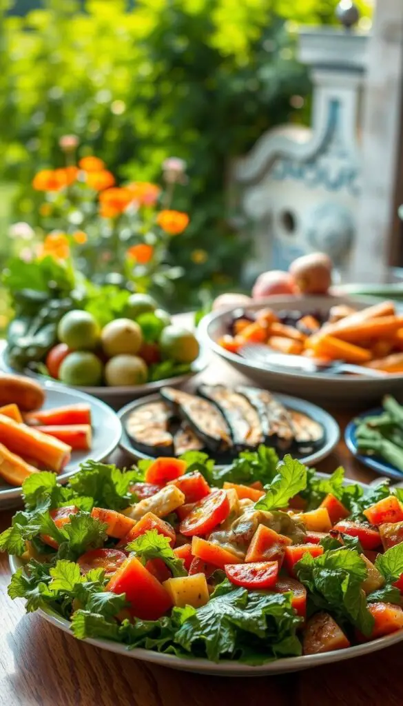 A neatly arranged table showcases a bounty of fresh, vibrant vegetable dishes. In the foreground, a plate features a colorful salad with crisp greens, juicy tomatoes, and crunchy carrots, drizzled with a light vinaigrette. Behind it, a bowl of steaming roasted vegetables, such as Brussels sprouts, sweet potatoes, and bell peppers, emanates an enticing aroma. In the middle ground, a platter of grilled zucchini and eggplant slices, seasoned to perfection, stands out. The background depicts a lush, sun-dappled kitchen garden, where the veggies were harvested moments ago, lending an air of rustic charm. Warm, soft lighting casts a comforting glow, enhancing the appetizing display and creating a serene, inviting atmosphere. A neatly arranged table showcases a bounty of fresh, vibrant vegetable dishes. In the foreground, a plate features a colorful salad with crisp greens, juicy tomatoes, and crunchy carrots, drizzled with a light vinaigrette. Behind it, a bowl of steaming roasted vegetables, such as Brussels sprouts, sweet potatoes, and bell peppers, emanates an enticing aroma. In the middle ground, a platter of grilled zucchini and eggplant slices, seasoned to perfection, stands out. The background depicts a lush, sun-dappled kitchen garden, where the veggies were harvested moments ago, lending an air of rustic charm. Warm, soft lighting casts a comforting glow, enhancing the appetizing display and creating a serene, inviting atmosphere.