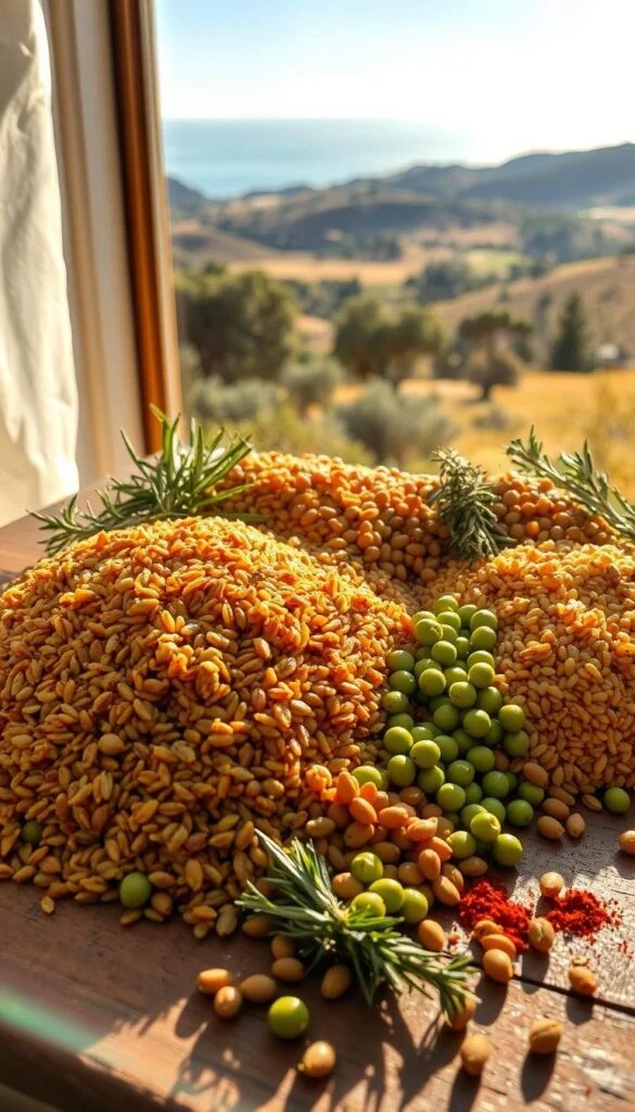 A nourishing tableau showcasing the vibrant staples of the Mediterranean diet - whole grains and legumes. In the foreground, a bountiful arrangement of hearty brown rice, earthy lentils, and vibrant green chickpeas, artfully arranged on a rustic wooden table. Dappled sunlight filters through a window, casting a warm glow over the scene. In the middle ground, a scatter of fragrant herbs and spices - rosemary, thyme, and paprika - adding depth and complexity. The background features a panoramic view of a sun-drenched Mediterranean landscape, with rolling hills, olive groves, and the distant shimmer of the azure sea. The overall mood is one of abundance, vitality, and the celebration of wholesome, plant-based nourishment. A nourishing tableau showcasing the vibrant staples of the Mediterranean diet - whole grains and legumes. In the foreground, a bountiful arrangement of hearty brown rice, earthy lentils, and vibrant green chickpeas, artfully arranged on a rustic wooden table. Dappled sunlight filters through a window, casting a warm glow over the scene. In the middle ground, a scatter of fragrant herbs and spices - rosemary, thyme, and paprika - adding depth and complexity. The background features a panoramic view of a sun-drenched Mediterranean landscape, with rolling hills, olive groves, and the distant shimmer of the azure sea. The overall mood is one of abundance, vitality, and the celebration of wholesome, plant-based nourishment.