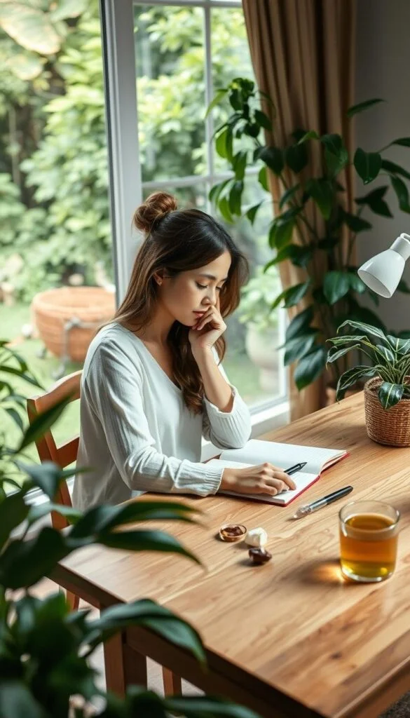 A peaceful home office setting with a woman sitting at a wooden desk, surrounded by plants and natural light. On the desk, a notebook, a pen, and various self-care items like a candle, a crystal, and a cup of herbal tea. The woman is deep in thought, planning her self-care routine. The atmosphere is calming, with soft, diffused lighting and a sense of mindfulness and intention. The background features a large window overlooking a lush, green garden, creating a serene and rejuvenating ambiance.