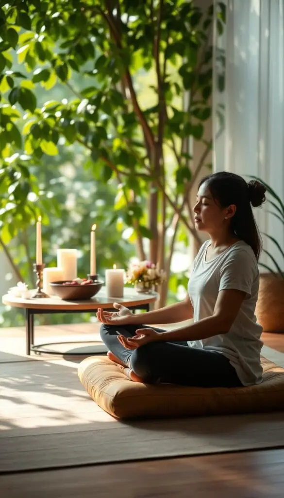 stress management A peaceful morning scene of a person sitting cross-legged on a wooden meditation cushion, surrounded by lush greenery and natural light filtering through the leaves. The person's eyes are closed, hands resting on their lap, exuding a sense of calm and inner focus. In the background, a small table holds candles, incense, and a bowl of fresh flowers, creating a serene and contemplative atmosphere. The lighting is soft and diffused, with warm tones enhancing the meditative mood. The camera angle is slightly elevated, giving the viewer a sense of tranquility and seclusion, as if observing a private moment of spiritual practice.
