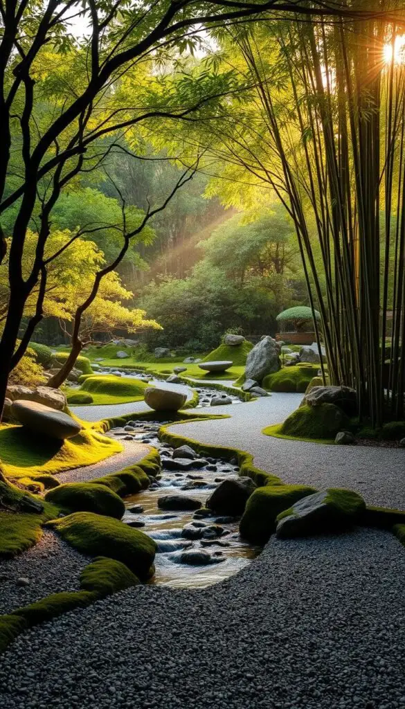 A peaceful zen garden nestled in a tranquil woodland haven. A gently flowing stream meanders through a lush, verdant landscape, its banks dotted with carefully placed stones and mossy boulders. Raked gravel paths lead to a central meditation area framed by ancient bonsai trees and bamboo thickets, their leaves gently rustling in the soft breeze. Warm, diffused sunlight filters through the canopy, casting a golden glow and creating an atmosphere of serene contemplation. The overall scene radiates a sense of harmony, balance, and stillness, inviting the viewer to pause, reflect, and find inner peace. A peaceful zen garden nestled in a tranquil woodland haven. A gently flowing stream meanders through a lush, verdant landscape, its banks dotted with carefully placed stones and mossy boulders. Raked gravel paths lead to a central meditation area framed by ancient bonsai trees and bamboo thickets, their leaves gently rustling in the soft breeze. Warm, diffused sunlight filters through the canopy, casting a golden glow and creating an atmosphere of serene contemplation. The overall scene radiates a sense of harmony, balance, and stillness, inviting the viewer to pause, reflect, and find inner peace.