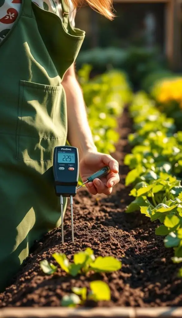 A person in a green gardening apron carefully testing soil pH using a digital meter in a well-lit vegetable garden. The background features rows of healthy organic vegetables, with lush greenery and vibrant colors. Warm sunlight filters through the scene, creating a natural, earthy atmosphere. The focus is on the detailed hand-held testing process, showcasing the importance of soil health for successful organic farming. A person in a green gardening apron carefully testing soil pH using a digital meter in a well-lit vegetable garden. The background features rows of healthy organic vegetables, with lush greenery and vibrant colors. Warm sunlight filters through the scene, creating a natural, earthy atmosphere. The focus is on the detailed hand-held testing process, showcasing the importance of soil health for successful organic farming.