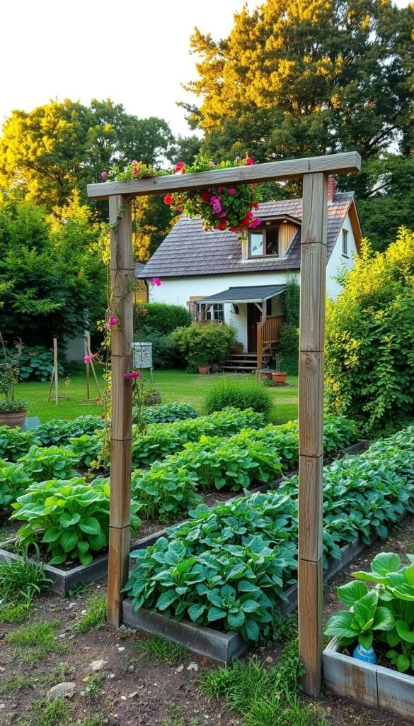 A rustic, DIY garden trellis stands in the foreground, its weathered wooden frame supporting a lush display of climbing vines and vibrant flowers. The middle ground features a well-tended vegetable garden, with neatly arranged rows of leafy greens and vibrant produce. In the background, a charming country cottage nestles among verdant foliage, bathed in warm, golden sunlight that filters through the trees. The overall scene conveys a sense of harmony, creativity, and a life in touch with nature. The image is captured with a wide-angle lens, allowing for a panoramic view that showcases the garden's depth and inviting atmosphere. A rustic, DIY garden trellis stands in the foreground, its weathered wooden frame supporting a lush display of climbing vines and vibrant flowers. The middle ground features a well-tended vegetable garden, with neatly arranged rows of leafy greens and vibrant produce. In the background, a charming country cottage nestles among verdant foliage, bathed in warm, golden sunlight that filters through the trees. The overall scene conveys a sense of harmony, creativity, and a life in touch with nature. The image is captured with a wide-angle lens, allowing for a panoramic view that showcases the garden's depth and inviting atmosphere.