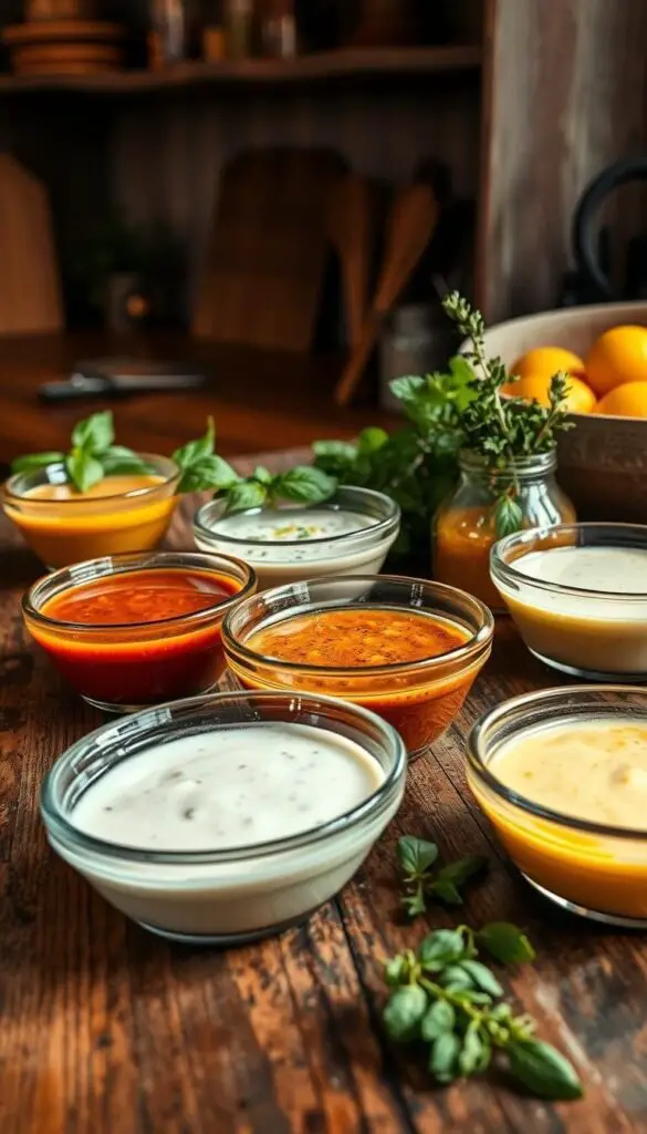 A rustic kitchen counter, adorned with an assortment of handcrafted salad dressings. Vibrant glass bowls filled with creamy vinaigrettes, tangy ranch, and zesty citrus blends rest on a weathered wooden surface. Warm, soft lighting casts a cozy glow, highlighting the rich colors and textures of the homemade condiments. Sprigs of fresh herbs, such as basil and thyme, add a natural, earthy accent, complementing the artisanal presentation. The scene exudes a sense of culinary expertise and homemade goodness, perfectly capturing the essence of "Flavorful Dressings to Enhance Your Salad." A rustic kitchen counter, adorned with an assortment of handcrafted salad dressings. Vibrant glass bowls filled with creamy vinaigrettes, tangy ranch, and zesty citrus blends rest on a weathered wooden surface. Warm, soft lighting casts a cozy glow, highlighting the rich colors and textures of the homemade condiments. Sprigs of fresh herbs, such as basil and thyme, add a natural, earthy accent, complementing the artisanal presentation. The scene exudes a sense of culinary expertise and homemade goodness, perfectly capturing the essence of "Flavorful Dressings to Enhance Your Salad."