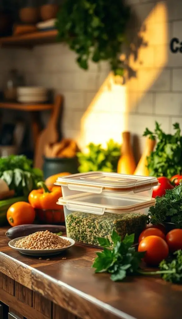 A rustic kitchen counter filled with a variety of fresh, locally-sourced ingredients: seasonal vegetables, herbs, whole grains, and a reusable meal prep container. A single beam of warm, natural light illuminates the scene, casting a soft, inviting glow. The composition is balanced, with the meal prep container positioned as the focal point, surrounded by the vibrant, earthy tones of the ingredients. The atmosphere is one of simplicity, sustainability, and mindful, nourishing food preparation. A rustic kitchen counter filled with a variety of fresh, locally-sourced ingredients: seasonal vegetables, herbs, whole grains, and a reusable meal prep container. A single beam of warm, natural light illuminates the scene, casting a soft, inviting glow. The composition is balanced, with the meal prep container positioned as the focal point, surrounded by the vibrant, earthy tones of the ingredients. The atmosphere is one of simplicity, sustainability, and mindful, nourishing food preparation.