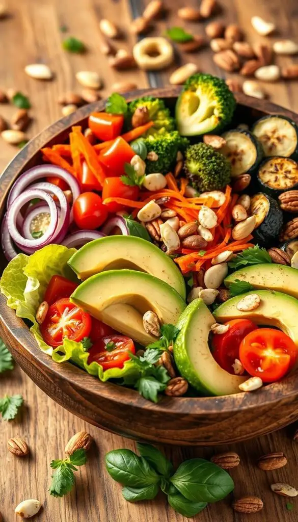 A rustic wooden bowl filled with an array of vibrant keto-friendly salad ingredients. In the foreground, crisp romaine lettuce leaves, juicy cherry tomatoes, and creamy avocado slices. Scattered throughout, pops of color from sliced red onion, julienned carrots, and fresh herbs like parsley and basil. The middle ground features hearty vegetables like steamed broccoli florets and grilled zucchini coins. In the background, a sprinkle of toasted nuts and seeds, including almonds, pecans, and sunflower seeds, add a satisfying crunch. Soft, natural lighting casts a warm glow over the scene, highlighting the freshness and texture of the ingredients. The composition is balanced and inviting, capturing the essence of a nourishing, keto-friendly salad. A rustic wooden bowl filled with an array of vibrant keto-friendly salad ingredients. In the foreground, crisp romaine lettuce leaves, juicy cherry tomatoes, and creamy avocado slices. Scattered throughout, pops of color from sliced red onion, julienned carrots, and fresh herbs like parsley and basil. The middle ground features hearty vegetables like steamed broccoli florets and grilled zucchini coins. In the background, a sprinkle of toasted nuts and seeds, including almonds, pecans, and sunflower seeds, add a satisfying crunch. Soft, natural lighting casts a warm glow over the scene, highlighting the freshness and texture of the ingredients. The composition is balanced and inviting, capturing the essence of a nourishing, keto-friendly salad.