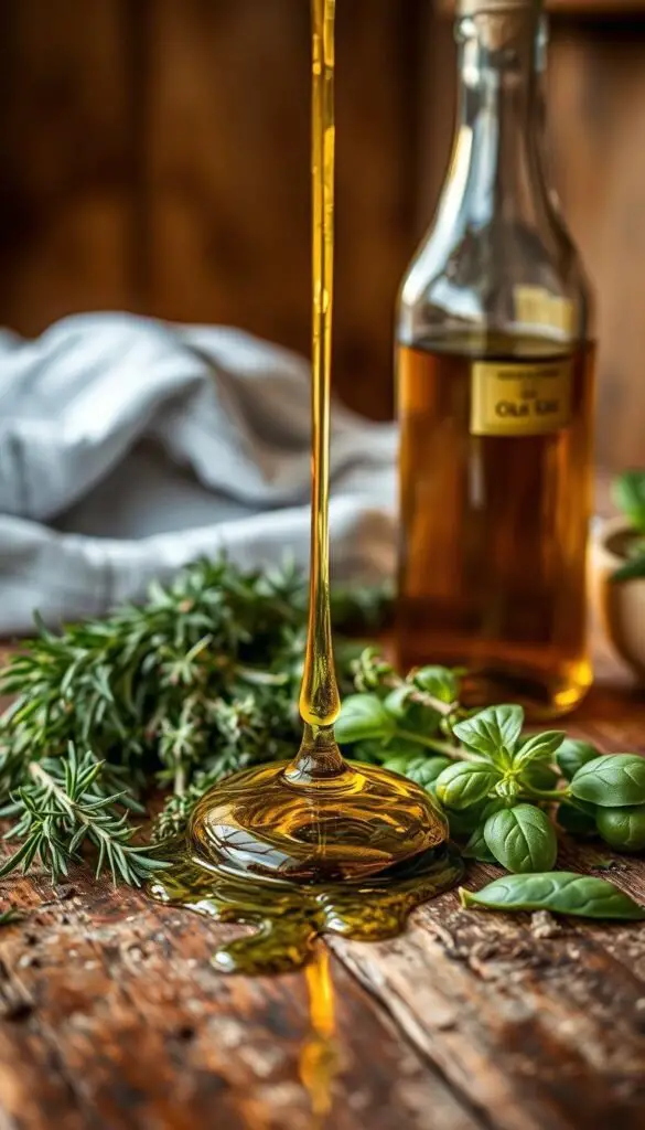 A rustic wooden table, a drizzle of golden olive oil glistening on a bed of fresh Mediterranean herbs - rosemary, thyme, oregano, and basil. The warm, inviting lighting casts a soft glow, highlighting the vibrant colors and textures of the ingredients. A vintage glass bottle of olive oil stands nearby, its label hinting at the rich, flavorful contents within. The scene evokes the essence of the Mediterranean kitchen, ready to inspire and delight the senses with the promise of delicious, authentic dishes. A rustic wooden table, a drizzle of golden olive oil glistening on a bed of fresh Mediterranean herbs - rosemary, thyme, oregano, and basil. The warm, inviting lighting casts a soft glow, highlighting the vibrant colors and textures of the ingredients. A vintage glass bottle of olive oil stands nearby, its label hinting at the rich, flavorful contents within. The scene evokes the essence of the Mediterranean kitchen, ready to inspire and delight the senses with the promise of delicious, authentic dishes.