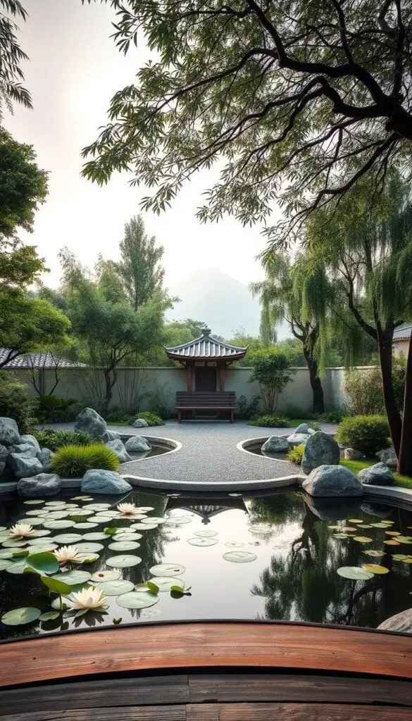 A serene Japanese zen garden with a tranquil pond, surrounded by lush foliage and natural rocks. The foreground features a wooden bridge arching over the still waters, where floating lotus blossoms and koi fish create a sense of peaceful contemplation. The middle ground showcases a minimalist stone pagoda and a raked gravel path leading to a wooden bench nestled amidst a grove of bamboo. In the background, a mountain silhouette rises against a softly lit sky, creating a calming atmosphere of harmony and balance. Diffused natural lighting gently illuminates the scene, inviting the viewer to immerse themselves in the meditative ambiance. A serene Japanese zen garden with a tranquil pond, surrounded by lush foliage and natural rocks. The foreground features a wooden bridge arching over the still waters, where floating lotus blossoms and koi fish create a sense of peaceful contemplation. The middle ground showcases a minimalist stone pagoda and a raked gravel path leading to a wooden bench nestled amidst a grove of bamboo. In the background, a mountain silhouette rises against a softly lit sky, creating a calming atmosphere of harmony and balance. Diffused natural lighting gently illuminates the scene, inviting the viewer to immerse themselves in the meditative ambiance.