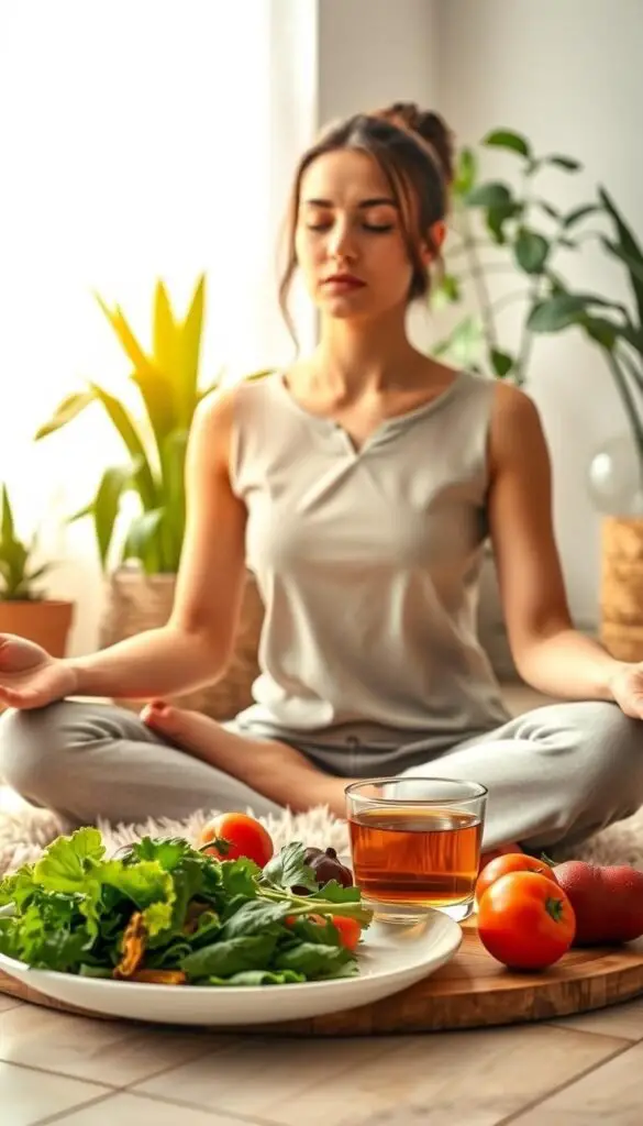 A serene and minimalist scene of a young woman practicing mindful meditation on a plush rug, surrounded by lush indoor plants and bathed in warm, natural lighting. In the foreground, a plate of fresh, vibrant vegetables and a cup of herbal tea convey the essence of clean, nourishing eating. The woman's expression is one of tranquility and focus, suggesting the profound psychological benefits of adopting a clean eating lifestyle. The overall atmosphere is one of balance, harmony, and mental wellbeing. A serene and minimalist scene of a young woman practicing mindful meditation on a plush rug, surrounded by lush indoor plants and bathed in warm, natural lighting. In the foreground, a plate of fresh, vibrant vegetables and a cup of herbal tea convey the essence of clean, nourishing eating. The woman's expression is one of tranquility and focus, suggesting the profound psychological benefits of adopting a clean eating lifestyle. The overall atmosphere is one of balance, harmony, and mental wellbeing.