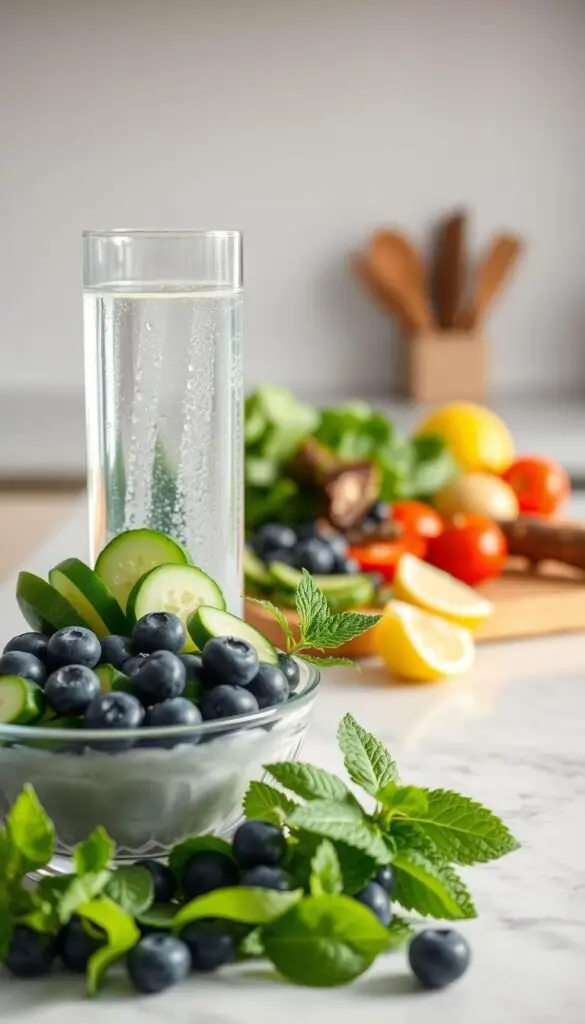 A serene kitchen counter, bathed in soft, natural light, showcases an array of vibrant, hydration-rich ingredients. In the foreground, a tall glass of crystal-clear water sits alongside a bowl of freshly sliced cucumber, radiant with crisp, green hues. Complementing these are a handful of plump, juicy blueberries and a sprig of fragrant mint, their colors and textures creating a harmonious, visually appealing composition. In the middle ground, a cutting board displays a variety of whole, unprocessed foods such as leafy greens, ripe tomatoes, and a wedge of lemon, all waiting to be incorporated into a nourishing, hydration-focused meal. The background subtly fades into a soothing, neutral palette, allowing the vibrant, healthful ingredients to take center stage and inspire a sense of balance, simplicity, and wellness. A serene kitchen counter, bathed in soft, natural light, showcases an array of vibrant, hydration-rich ingredients. In the foreground, a tall glass of crystal-clear water sits alongside a bowl of freshly sliced cucumber, radiant with crisp, green hues. Complementing these are a handful of plump, juicy blueberries and a sprig of fragrant mint, their colors and textures creating a harmonious, visually appealing composition. In the middle ground, a cutting board displays a variety of whole, unprocessed foods such as leafy greens, ripe tomatoes, and a wedge of lemon, all waiting to be incorporated into a nourishing, hydration-focused meal. The background subtly fades into a soothing, neutral palette, allowing the vibrant, healthful ingredients to take center stage and inspire a sense of balance, simplicity, and wellness.