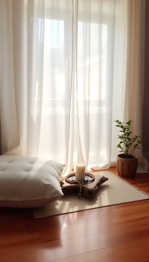 A serene meditation nook with a cozy cushion, a delicate candle, and a crystal mala resting on a driftwood altar. Soft natural light filters through sheer curtains, casting a warm, contemplative glow. A small potted plant adds a touch of greenery, while the polished wooden floor and neutral color palette create a sense of tranquility. The camera angle is slightly elevated, capturing the scene from an inviting, peaceful perspective. A serene meditation nook with a cozy cushion, a delicate candle, and a crystal mala resting on a driftwood altar. Soft natural light filters through sheer curtains, casting a warm, contemplative glow. A small potted plant adds a touch of greenery, while the polished wooden floor and neutral color palette create a sense of tranquility. The camera angle is slightly elevated, capturing the scene from an inviting, peaceful perspective.