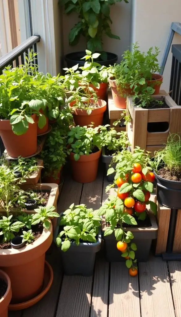 A small balcony or patio filled with a variety of compact vegetable gardening containers, including terra cotta pots, wooden planters, and stackable planters. The containers are overflowing with lush, thriving greens, herbs, and miniature tomato plants, casting soft shadows on the weathered wooden surface beneath. Warm, diffused sunlight filters through the foliage, creating a serene, inviting atmosphere. The arrangement is visually balanced, with the containers grouped in an aesthetically pleasing manner, showcasing the versatility of small-space gardening. A small balcony or patio filled with a variety of compact vegetable gardening containers, including terra cotta pots, wooden planters, and stackable planters. The containers are overflowing with lush, thriving greens, herbs, and miniature tomato plants, casting soft shadows on the weathered wooden surface beneath. Warm, diffused sunlight filters through the foliage, creating a serene, inviting atmosphere. The arrangement is visually balanced, with the containers grouped in an aesthetically pleasing manner, showcasing the versatility of small-space gardening.