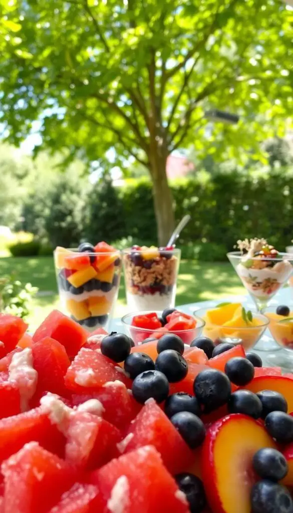 A sumptuous display of chilled, vibrant dessert salads against a backdrop of a sun-dappled garden. In the foreground, an array of seasonal fruits - juicy watermelon cubes, plump blueberries, and sliced peaches - tossed in a light, creamy dressing. The middle ground features a variety of colorful, bite-sized servings - a layered parfait with alternating layers of granola and tangy berry compote, and a refreshing mango-coconut salad in individual glass dishes. In the distance, a lush, verdant canopy of leafy trees casts gentle shadows, creating a serene, al fresco ambiance. Crisp, even lighting from an overhead source highlights the textures and vibrant hues of the delectable summer desserts. A sumptuous display of chilled, vibrant dessert salads against a backdrop of a sun-dappled garden. In the foreground, an array of seasonal fruits - juicy watermelon cubes, plump blueberries, and sliced peaches - tossed in a light, creamy dressing. The middle ground features a variety of colorful, bite-sized servings - a layered parfait with alternating layers of granola and tangy berry compote, and a refreshing mango-coconut salad in individual glass dishes. In the distance, a lush, verdant canopy of leafy trees casts gentle shadows, creating a serene, al fresco ambiance. Crisp, even lighting from an overhead source highlights the textures and vibrant hues of the delectable summer desserts.