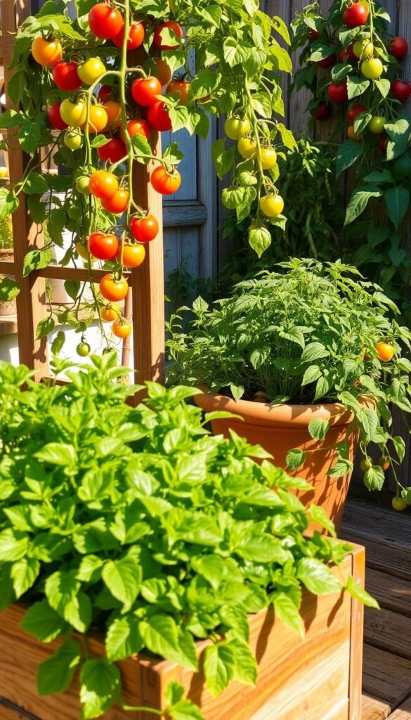 A sun-dappled container garden, overflowing with thriving vegetables. In the foreground, a wooden planter box brimming with lush leafy greens, their vibrant colors dancing in the warm, golden light. Trailing vines of tomatoes cling to sturdy trellises, their ripe fruit catching the sun's gentle embrace. In the middle ground, a terracotta pot harbors a flourishing herb garden, its aromatic leaves gently swaying. The background features a colorful mix of peppers, beans, and squash, their leaves casting playful shadows on the weathered wooden surfaces. The overall scene exudes a serene, bountiful atmosphere, inviting the viewer to imagine the nourishing harvest to come. A sun-dappled container garden, overflowing with thriving vegetables. In the foreground, a wooden planter box brimming with lush leafy greens, their vibrant colors dancing in the warm, golden light. Trailing vines of tomatoes cling to sturdy trellises, their ripe fruit catching the sun's gentle embrace. In the middle ground, a terracotta pot harbors a flourishing herb garden, its aromatic leaves gently swaying. The background features a colorful mix of peppers, beans, and squash, their leaves casting playful shadows on the weathered wooden surfaces. The overall scene exudes a serene, bountiful atmosphere, inviting the viewer to imagine the nourishing harvest to come.