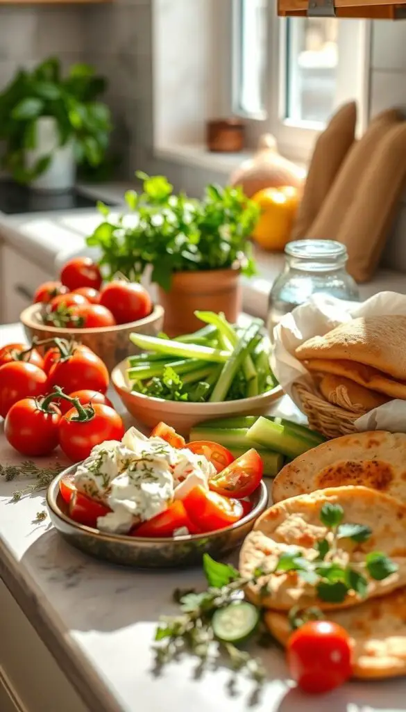 A sun-drenched Mediterranean kitchen counter, adorned with a vibrant assortment of fresh ingredients - ripe tomatoes, crisp cucumbers, tangy feta, fragrant herbs, and warm pita bread. A delicate balance of colors and textures, inviting the viewer to indulge in a simple yet satisfying breakfast. Soft, natural lighting filters through the window, casting a warm glow on the scene. The composition is carefully arranged, with each element carefully placed to create a visually appealing and appetizing tableau. The overall mood is one of simplicity, freshness, and the joy of Mediterranean-style dining. A sun-drenched Mediterranean kitchen counter, adorned with a vibrant assortment of fresh ingredients - ripe tomatoes, crisp cucumbers, tangy feta, fragrant herbs, and warm pita bread. A delicate balance of colors and textures, inviting the viewer to indulge in a simple yet satisfying breakfast. Soft, natural lighting filters through the window, casting a warm glow on the scene. The composition is carefully arranged, with each element carefully placed to create a visually appealing and appetizing tableau. The overall mood is one of simplicity, freshness, and the joy of Mediterranean-style dining.