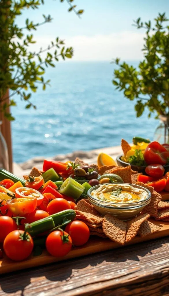 A sun-drenched Mediterranean spread of healthy snacks, artfully arranged on a rustic wooden table. In the foreground, a selection of fresh vegetables - juicy tomatoes, crisp cucumbers, and vibrant bell peppers - alongside creamy hummus, tangy olives, and crunchy whole-grain crackers. The middle ground features a drizzle of rich olive oil, a sprinkle of fragrant herbs, and a wedge of zesty lemon. In the background, a glimpse of a serene, azure sea and a cloudless sky, creating a sense of tranquility and well-being. The scene is bathed in warm, golden light, capturing the essence of the Mediterranean diet and its weight-loss benefits. A sun-drenched Mediterranean spread of healthy snacks, artfully arranged on a rustic wooden table. In the foreground, a selection of fresh vegetables - juicy tomatoes, crisp cucumbers, and vibrant bell peppers - alongside creamy hummus, tangy olives, and crunchy whole-grain crackers. The middle ground features a drizzle of rich olive oil, a sprinkle of fragrant herbs, and a wedge of zesty lemon. In the background, a glimpse of a serene, azure sea and a cloudless sky, creating a sense of tranquility and well-being. The scene is bathed in warm, golden light, capturing the essence of the Mediterranean diet and its weight-loss benefits.