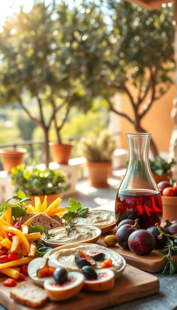 A sun-drenched Mediterranean terrace, adorned with verdant olive trees and terra-cotta pots. In the foreground, a bountiful display of healthy snacks - crisp vegetables, creamy hummus, tangy olives, and slices of crusty bread. The mid-ground features a glass carafe of ruby-red wine, accompanied by a simple wooden board laden with fresh figs, juicy grapes, and fragrant herbs. The background is softly blurred, evoking a sense of tranquility and relaxation. The lighting is warm and natural, casting a golden glow over the scene. Captured with a wide-angle lens to create a sense of depth and space, this image celebrates the vibrant flavors and balanced approach of the Mediterranean diet. A sun-drenched Mediterranean terrace, adorned with verdant olive trees and terra-cotta pots. In the foreground, a bountiful display of healthy snacks - crisp vegetables, creamy hummus, tangy olives, and slices of crusty bread. The mid-ground features a glass carafe of ruby-red wine, accompanied by a simple wooden board laden with fresh figs, juicy grapes, and fragrant herbs. The background is softly blurred, evoking a sense of tranquility and relaxation. The lighting is warm and natural, casting a golden glow over the scene. Captured with a wide-angle lens to create a sense of depth and space, this image celebrates the vibrant flavors and balanced approach of the Mediterranean diet.
