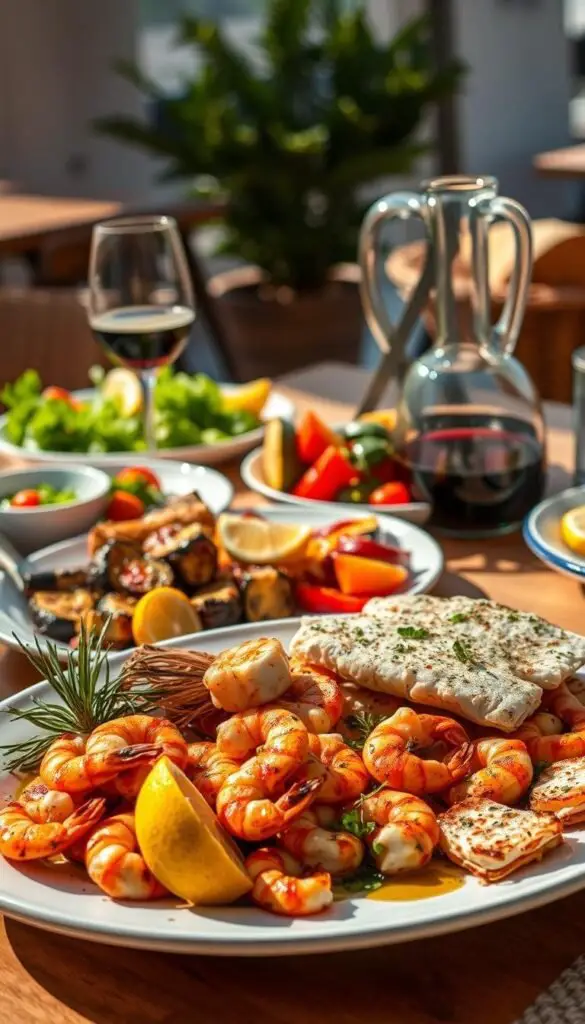 A sun-drenched table set with a vibrant Mediterranean feast - fresh salads, grilled seafood, fragrant herbs, and bold flavors. In the foreground, a platter of sizzling grilled shrimp and flaky white fish, garnished with lemon wedges and sprigs of rosemary. In the middle ground, a colorful display of roasted vegetables - eggplant, zucchini, and red peppers, drizzled with olive oil. In the background, a glass carafe of rich red wine and a basket of crusty bread, inviting diners to indulge in this healthy, al fresco dining experience. Warm, golden lighting casts a welcoming glow, evoking the relaxed, convivial atmosphere of a Mediterranean seaside cafe. A sun-drenched table set with a vibrant Mediterranean feast - fresh salads, grilled seafood, fragrant herbs, and bold flavors. In the foreground, a platter of sizzling grilled shrimp and flaky white fish, garnished with lemon wedges and sprigs of rosemary. In the middle ground, a colorful display of roasted vegetables - eggplant, zucchini, and red peppers, drizzled with olive oil. In the background, a glass carafe of rich red wine and a basket of crusty bread, inviting diners to indulge in this healthy, al fresco dining experience. Warm, golden lighting casts a welcoming glow, evoking the relaxed, convivial atmosphere of a Mediterranean seaside cafe.