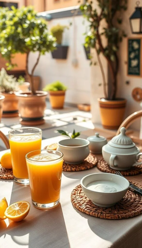 A sunlit Mediterranean cafe scene with a table set for a healthy breakfast. In the foreground, an array of traditional Mediterranean breakfast beverages - freshly squeezed orange juice, creamy Greek yogurt with honey, and aromatic herbal teas in delicate porcelain cups. The middle ground features a rustic wooden table with a crisp linen tablecloth, accented by woven placemats and serveware. In the background, glimpses of a sun-dappled outdoor terrace with potted olive trees and trailing vines. The lighting is soft and warm, creating a cozy, inviting atmosphere. The overall scene evokes the vibrant, health-conscious spirit of the Mediterranean lifestyle. A sunlit Mediterranean cafe scene with a table set for a healthy breakfast. In the foreground, an array of traditional Mediterranean breakfast beverages - freshly squeezed orange juice, creamy Greek yogurt with honey, and aromatic herbal teas in delicate porcelain cups. The middle ground features a rustic wooden table with a crisp linen tablecloth, accented by woven placemats and serveware. In the background, glimpses of a sun-dappled outdoor terrace with potted olive trees and trailing vines. The lighting is soft and warm, creating a cozy, inviting atmosphere. The overall scene evokes the vibrant, health-conscious spirit of the Mediterranean lifestyle.