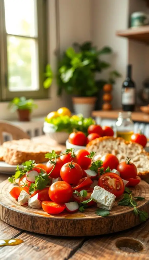 A sunlit Mediterranean kitchen with a rustic wooden table, adorned with a vibrant array of fresh ingredients - ripe tomatoes, crunchy radishes, fragrant herbs, creamy feta, crusty bread, and a drizzle of rich olive oil. The scene is illuminated by soft natural light filtering through a large window, casting a warm glow over the scene. In the foreground, a simple yet elegant breakfast spread takes center stage, inviting the viewer to savor the flavors of a quick, healthy Mediterranean-inspired meal. The overall mood is one of simplicity, freshness, and the joy of uncomplicated, nourishing fare. A sunlit Mediterranean kitchen with a rustic wooden table, adorned with a vibrant array of fresh ingredients - ripe tomatoes, crunchy radishes, fragrant herbs, creamy feta, crusty bread, and a drizzle of rich olive oil. The scene is illuminated by soft natural light filtering through a large window, casting a warm glow over the scene. In the foreground, a simple yet elegant breakfast spread takes center stage, inviting the viewer to savor the flavors of a quick, healthy Mediterranean-inspired meal. The overall mood is one of simplicity, freshness, and the joy of uncomplicated, nourishing fare.
