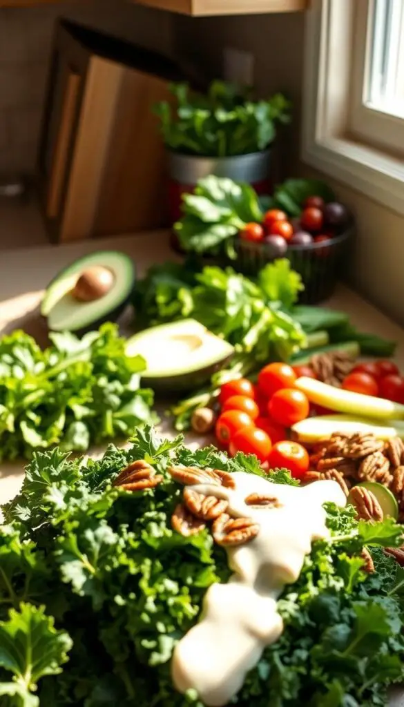 A sunlit kitchen counter, bathed in warm natural light, holds an array of keto-friendly salad ingredients. In the foreground, a variety of fresh greens - crisp kale, vibrant spinach, and tender romaine - await assembly. Surrounding them, an assortment of nutrient-dense toppings: sliced avocado, juicy cherry tomatoes, crunchy cucumber spears, and a sprinkle of toasted pecans. A drizzle of creamy, low-carb dressing completes the scene, hinting at the flavorful and satisfying keto salad to come. The overall atmosphere is one of health, freshness, and culinary potential. A sunlit kitchen counter, bathed in warm natural light, holds an array of keto-friendly salad ingredients. In the foreground, a variety of fresh greens - crisp kale, vibrant spinach, and tender romaine - await assembly. Surrounding them, an assortment of nutrient-dense toppings: sliced avocado, juicy cherry tomatoes, crunchy cucumber spears, and a sprinkle of toasted pecans. A drizzle of creamy, low-carb dressing completes the scene, hinting at the flavorful and satisfying keto salad to come. The overall atmosphere is one of health, freshness, and culinary potential.
