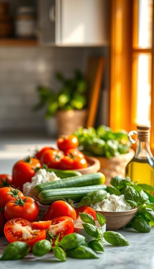 A sunlit kitchen counter showcasing the essential ingredients of the Mediterranean diet: a vibrant array of ripe tomatoes, crisp cucumbers, fragrant olive oil, creamy feta cheese, and fresh basil leaves. The scene is bathed in warm, natural lighting, captured with a shallow depth of field that softly blurs the background, creating a sense of calm and simplicity. The composition emphasizes the visual appeal and healthful qualities of these Mediterranean staples, inviting the viewer to be inspired and ready to embark on a flavorful culinary journey. A sunlit kitchen counter showcasing the essential ingredients of the Mediterranean diet: a vibrant array of ripe tomatoes, crisp cucumbers, fragrant olive oil, creamy feta cheese, and fresh basil leaves. The scene is bathed in warm, natural lighting, captured with a shallow depth of field that softly blurs the background, creating a sense of calm and simplicity. The composition emphasizes the visual appeal and healthful qualities of these Mediterranean staples, inviting the viewer to be inspired and ready to embark on a flavorful culinary journey.