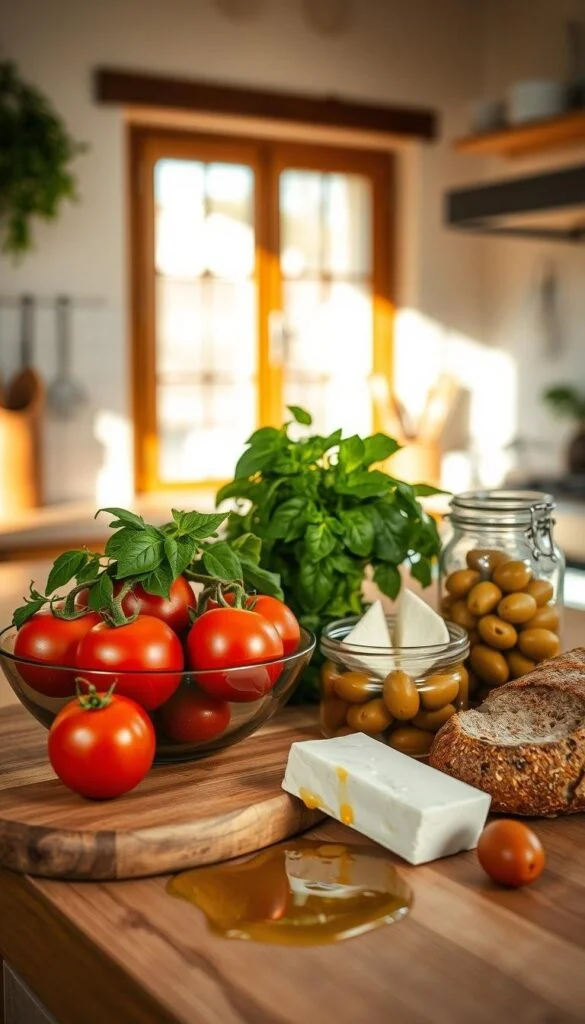 A sunlit kitchen counter with a variety of fresh Mediterranean ingredients arranged neatly: a wooden cutting board, a bowl of ripe tomatoes, a bundle of fresh basil, a wedge of feta cheese, a jar of olives, a crusty loaf of bread, and a drizzle of golden olive oil. The warm tones and natural textures create a rustic, inviting atmosphere, capturing the essence of the Mediterranean diet's emphasis on whole, unprocessed foods. The image conveys a sense of simplicity, health, and the culinary pleasures of this lifestyle. A sunlit kitchen counter with a variety of fresh Mediterranean ingredients arranged neatly: a wooden cutting board, a bowl of ripe tomatoes, a bundle of fresh basil, a wedge of feta cheese, a jar of olives, a crusty loaf of bread, and a drizzle of golden olive oil. The warm tones and natural textures create a rustic, inviting atmosphere, capturing the essence of the Mediterranean diet's emphasis on whole, unprocessed foods. The image conveys a sense of simplicity, health, and the culinary pleasures of this lifestyle.