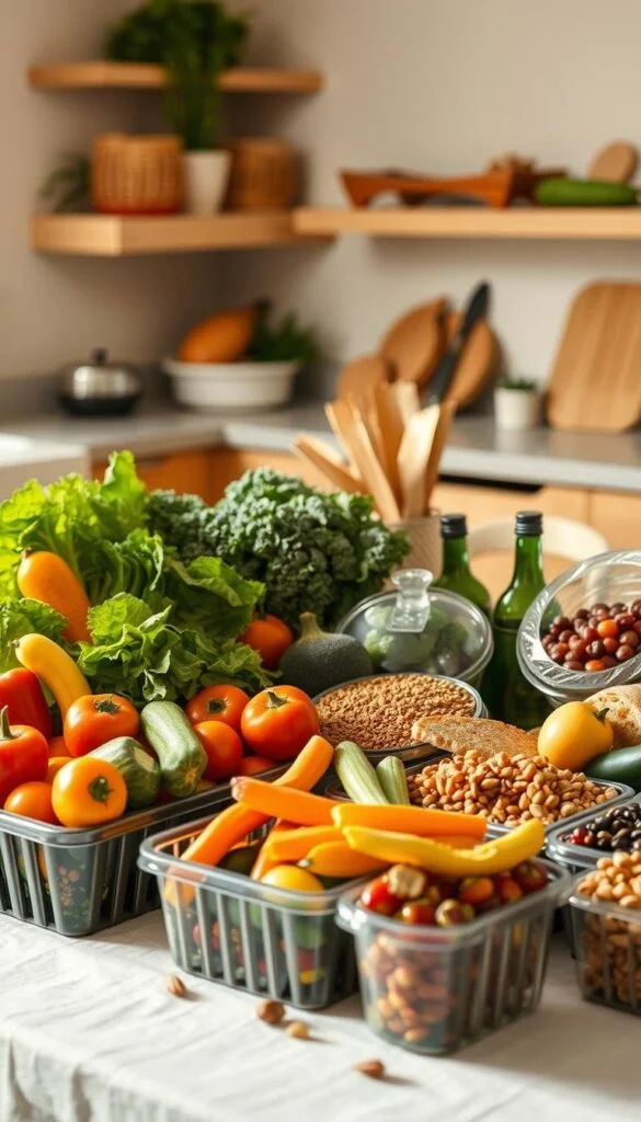 A table showcasing the Mediterranean Diet's basics - fresh vegetables, whole grains, olive oil, and lean proteins - presented in an affordable, flexible manner. The foreground features a vibrant display of seasonal produce, neatly arranged in reusable containers. In the middle ground, a selection of whole-grain breads, legumes, and nuts create a balanced, wholesome spread. The background depicts a light-filled kitchen with warm, earthy tones, conveying a sense of simplicity and accessibility. Soft, natural lighting illuminates the scene, emphasizing the Mediterranean ethos of embracing local, unprocessed ingredients. The overall mood is one of approachability, dispelling the notion that the Mediterranean Diet is exclusive or expensive. A table showcasing the Mediterranean Diet's basics - fresh vegetables, whole grains, olive oil, and lean proteins - presented in an affordable, flexible manner. The foreground features a vibrant display of seasonal produce, neatly arranged in reusable containers. In the middle ground, a selection of whole-grain breads, legumes, and nuts create a balanced, wholesome spread. The background depicts a light-filled kitchen with warm, earthy tones, conveying a sense of simplicity and accessibility. Soft, natural lighting illuminates the scene, emphasizing the Mediterranean ethos of embracing local, unprocessed ingredients. The overall mood is one of approachability, dispelling the notion that the Mediterranean Diet is exclusive or expensive.