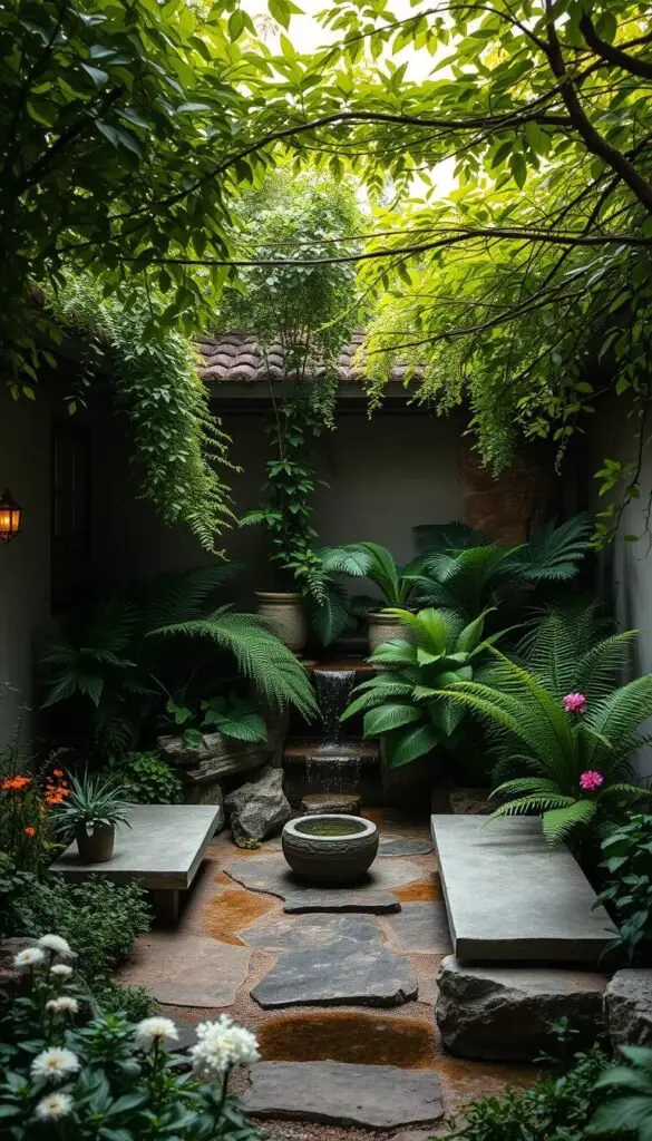 A tranquil meditation garden with a lush, verdant canopy overhead. Soft, warm lighting casts a gentle glow, illuminating a cozy seating area with inviting stone benches nestled among towering ferns and fragrant flowers. The space feels intimate and serene, with a calming water feature trickling in the background. A wide-angle lens captures the scene, showcasing the harmonious balance of nature, light, and contemplative design. This enchanting oasis invites you to pause, breathe deeply, and find inner peace. A tranquil meditation garden with a lush, verdant canopy overhead. Soft, warm lighting casts a gentle glow, illuminating a cozy seating area with inviting stone benches nestled among towering ferns and fragrant flowers. The space feels intimate and serene, with a calming water feature trickling in the background. A wide-angle lens captures the scene, showcasing the harmonious balance of nature, light, and contemplative design. This enchanting oasis invites you to pause, breathe deeply, and find inner peace.