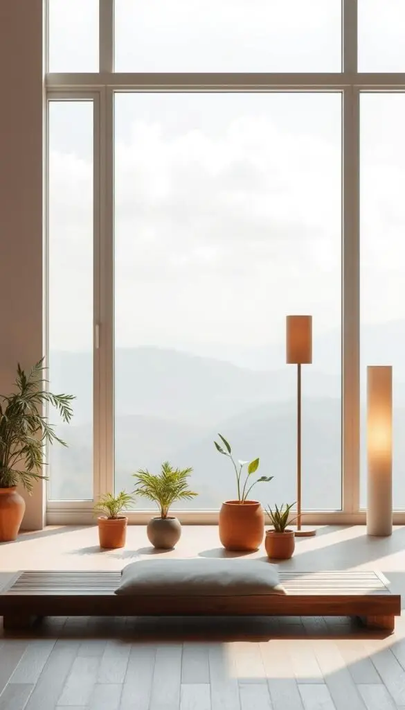 A tranquil meditation space, filled with soft natural light and a serene palette of muted tones. In the foreground, a low, minimalist wooden platform with a plush cushion invites peaceful contemplation. Surrounding it, a collection of potted plants in earthy ceramics, their lush foliage cascading gently. In the middle ground, a pair of tall, slender floor lamps emit a warm, diffused glow, casting a calming ambiance. The background features a broad window, framing a serene vista of distant hills and a hazy, cloud-dotted sky. The overall atmosphere is one of quiet harmony, a sanctuary for mindful reflection. A tranquil meditation space, filled with soft natural light and a serene palette of muted tones. In the foreground, a low, minimalist wooden platform with a plush cushion invites peaceful contemplation. Surrounding it, a collection of potted plants in earthy ceramics, their lush foliage cascading gently. In the middle ground, a pair of tall, slender floor lamps emit a warm, diffused glow, casting a calming ambiance. The background features a broad window, framing a serene vista of distant hills and a hazy, cloud-dotted sky. The overall atmosphere is one of quiet harmony, a sanctuary for mindful reflection.