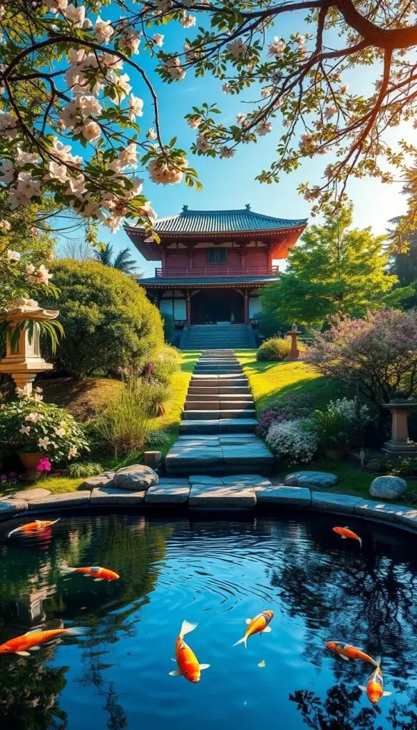 A tranquil oasis of mindfulness, bathed in soft, golden light. In the foreground, a serene pond reflects the azure sky, its surface gently rippled by the graceful movement of koi fish. Surrounding the pond, a lush, verdant garden bursts with vibrant blooms - fragrant jasmine, delicate cherry blossoms, and leafy ferns. In the middle ground, a weathered stone path winds through the tranquil scene, inviting the viewer to pause and immerse themselves in the peaceful atmosphere. In the background, a traditional Japanese temple stands as a testament to the harmony between nature and spirituality, its intricate architecture a breathtaking complement to the serene landscape. The overall mood is one of profound calm and introspection, a sanctuary for the senses and the soul. A tranquil oasis of mindfulness, bathed in soft, golden light. In the foreground, a serene pond reflects the azure sky, its surface gently rippled by the graceful movement of koi fish. Surrounding the pond, a lush, verdant garden bursts with vibrant blooms - fragrant jasmine, delicate cherry blossoms, and leafy ferns. In the middle ground, a weathered stone path winds through the tranquil scene, inviting the viewer to pause and immerse themselves in the peaceful atmosphere. In the background, a traditional Japanese temple stands as a testament to the harmony between nature and spirituality, its intricate architecture a breathtaking complement to the serene landscape. The overall mood is one of profound calm and introspection, a sanctuary for the senses and the soul.