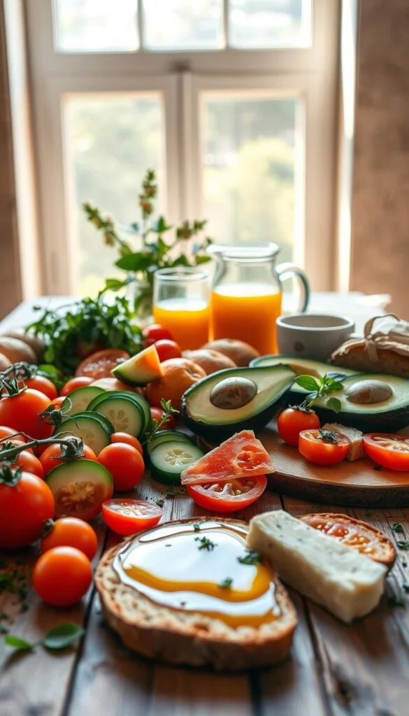 A vibrant Mediterranean breakfast still life, bathed in warm, natural light from a wide window. In the foreground, a rustic wooden table holds a variety of heart-healthy ingredients: juicy tomatoes, crisp cucumber slices, creamy avocado, and a drizzle of rich olive oil. Scattered around are whole-grain toasted bread, a wedge of tangy feta cheese, and a sprinkling of fragrant herbs. In the middle ground, a carafe of freshly squeezed orange juice and a mug of robust, aromatic coffee create a inviting, nourishing scene. The background features soft, neutral tones, allowing the vibrant colors and textures of the fresh produce to take center stage. A vibrant Mediterranean breakfast still life, bathed in warm, natural light from a wide window. In the foreground, a rustic wooden table holds a variety of heart-healthy ingredients: juicy tomatoes, crisp cucumber slices, creamy avocado, and a drizzle of rich olive oil. Scattered around are whole-grain toasted bread, a wedge of tangy feta cheese, and a sprinkling of fragrant herbs. In the middle ground, a carafe of freshly squeezed orange juice and a mug of robust, aromatic coffee create a inviting, nourishing scene. The background features soft, neutral tones, allowing the vibrant colors and textures of the fresh produce to take center stage.