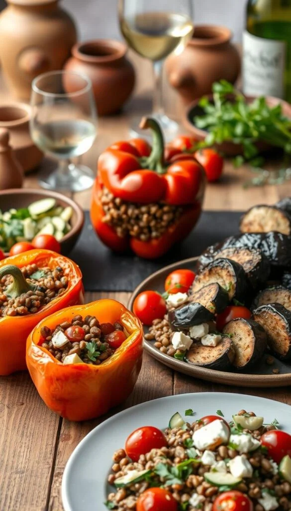 A vibrant Mediterranean dinner scene: In the foreground, two plump, roasted bell peppers are stuffed with a savory blend of lentils, tomatoes, and aromatic herbs. Nestled beside them, a fresh lentil salad bursts with the flavors of cucumber, feta, and a zesty lemon vinaigrette. The middle ground showcases an array of colorful vegetables - eggplant, zucchini, and cherry tomatoes - grilled to perfection and drizzled with olive oil. In the background, a rustic wooden table is set with earthy ceramics, a glass of crisp white wine, and a scattering of fresh herbs. Soft, natural lighting casts a warm, inviting glow over the entire scene, capturing the essence of a wholesome, vegetarian Mediterranean dinner. A vibrant Mediterranean dinner scene: In the foreground, two plump, roasted bell peppers are stuffed with a savory blend of lentils, tomatoes, and aromatic herbs. Nestled beside them, a fresh lentil salad bursts with the flavors of cucumber, feta, and a zesty lemon vinaigrette. The middle ground showcases an array of colorful vegetables - eggplant, zucchini, and cherry tomatoes - grilled to perfection and drizzled with olive oil. In the background, a rustic wooden table is set with earthy ceramics, a glass of crisp white wine, and a scattering of fresh herbs. Soft, natural lighting casts a warm, inviting glow over the entire scene, capturing the essence of a wholesome, vegetarian Mediterranean dinner.