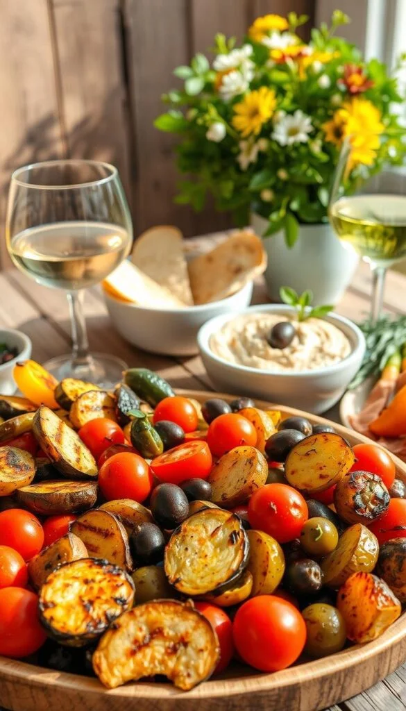 A vibrant Mediterranean feast captured in natural light, showcasing a variety of classic yet reimagined dishes. In the foreground, a bountiful platter features an assortment of grilled vegetables, including eggplant, zucchini, and bell peppers, drizzled with a fragrant olive oil dressing. Nestled among them, juicy tomatoes and marinated olives add pops of color. In the middle ground, a bowl of creamy hummus is accompanied by freshly baked pita bread, while a glass of chilled white wine completes the scene. The background features a rustic wooden table, with a lush green potted plant and a simple floral centerpiece, creating a welcoming and relaxing atmosphere. A vibrant Mediterranean feast captured in natural light, showcasing a variety of classic yet reimagined dishes. In the foreground, a bountiful platter features an assortment of grilled vegetables, including eggplant, zucchini, and bell peppers, drizzled with a fragrant olive oil dressing. Nestled among them, juicy tomatoes and marinated olives add pops of color. In the middle ground, a bowl of creamy hummus is accompanied by freshly baked pita bread, while a glass of chilled white wine completes the scene. The background features a rustic wooden table, with a lush green potted plant and a simple floral centerpiece, creating a welcoming and relaxing atmosphere.