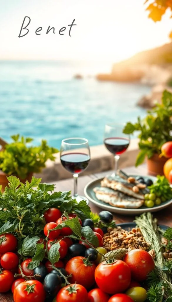 A vibrant, Mediterranean-inspired scene depicting the benefits of the diet. In the foreground, a bountiful harvest of fresh produce - juicy tomatoes, crisp greens, ripe olives - artfully arranged on a rustic wooden table. In the middle ground, a glass of deep red wine and a plate showcasing heart-healthy Mediterranean staples like fish, whole grains, and nuts. The background features a tranquil seaside landscape, with azure waters lapping against a sun-drenched coastline. Soft, golden lighting filters through, casting a warm, inviting glow. The overall atmosphere conveys a sense of vitality, longevity, and the holistic wellness promised by the Mediterranean way of eating. A vibrant, Mediterranean-inspired scene depicting the benefits of the diet. In the foreground, a bountiful harvest of fresh produce - juicy tomatoes, crisp greens, ripe olives - artfully arranged on a rustic wooden table. In the middle ground, a glass of deep red wine and a plate showcasing heart-healthy Mediterranean staples like fish, whole grains, and nuts. The background features a tranquil seaside landscape, with azure waters lapping against a sun-drenched coastline. Soft, golden lighting filters through, casting a warm, inviting glow. The overall atmosphere conveys a sense of vitality, longevity, and the holistic wellness promised by the Mediterranean way of eating.