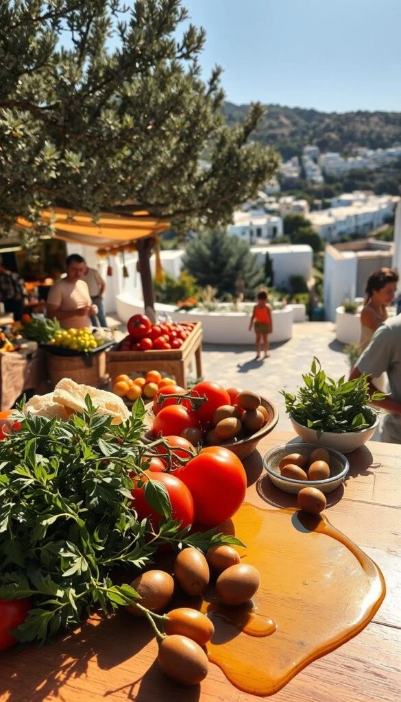 A vibrant Mediterranean landscape, bathed in warm afternoon sunlight. In the foreground, a table laden with traditional ingredients - sun-ripened tomatoes, fragrant herbs, glossy olives, and a drizzle of rich olive oil. Behind it, a bustling open-air market, with vendors offering fresh produce and artisanal goods. In the distance, glimpses of whitewashed buildings and azure waters, framed by lush olive groves and grapevines. The scene exudes a sense of health, vitality, and the essence of the renowned Mediterranean diet - a harmonious balance of flavors, nutrients, and culture. A vibrant Mediterranean landscape, bathed in warm afternoon sunlight. In the foreground, a table laden with traditional ingredients - sun-ripened tomatoes, fragrant herbs, glossy olives, and a drizzle of rich olive oil. Behind it, a bustling open-air market, with vendors offering fresh produce and artisanal goods. In the distance, glimpses of whitewashed buildings and azure waters, framed by lush olive groves and grapevines. The scene exudes a sense of health, vitality, and the essence of the renowned Mediterranean diet - a harmonious balance of flavors, nutrients, and culture.