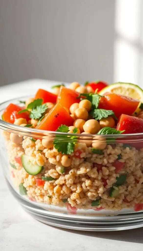A vibrant Mediterranean quinoa salad nestled in a sleek glass container, bathed in soft, natural lighting. The foreground showcases a rainbow of fresh ingredients - juicy cherry tomatoes, crisp cucumber slices, fragrant herbs, and plump chickpeas. The middle ground features the quinoa, fluffy and infused with lemon zest and aromatic spices. The background subtly fades into a minimalist, neutral backdrop, allowing the vibrant colors and textures of the salad to take center stage. The overall composition evokes a sense of health, freshness, and effortless culinary delight, fitting perfectly for a delicious lunch option within the Mediterranean diet. A vibrant Mediterranean quinoa salad nestled in a sleek glass container, bathed in soft, natural lighting. The foreground showcases a rainbow of fresh ingredients - juicy cherry tomatoes, crisp cucumber slices, fragrant herbs, and plump chickpeas. The middle ground features the quinoa, fluffy and infused with lemon zest and aromatic spices. The background subtly fades into a minimalist, neutral backdrop, allowing the vibrant colors and textures of the salad to take center stage. The overall composition evokes a sense of health, freshness, and effortless culinary delight, fitting perfectly for a delicious lunch option within the Mediterranean diet.