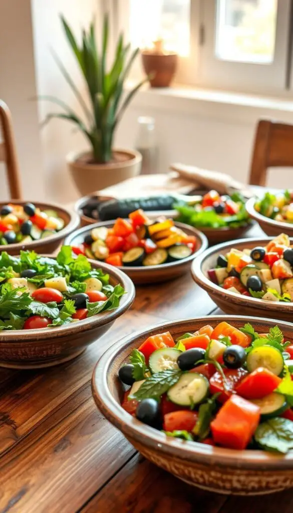 A vibrant Mediterranean spread showcasing an array of colorful salads in rustic ceramic bowls, artfully arranged on a wooden table. The foreground features a variety of fresh greens, juicy tomatoes, crisp cucumbers, and briny olives, dressed in a zesty lemon-garlic vinaigrette. In the middle ground, a selection of roasted vegetables like eggplant, peppers, and zucchini adds depth and texture. The background sets a relaxed, sun-drenched mood with natural lighting filtering through a window, casting warm, golden tones across the scene. The overall composition evokes the essence of a breezy, al fresco Mediterranean dining experience, perfect for a refreshing, healthy meal. A vibrant Mediterranean spread showcasing an array of colorful salads in rustic ceramic bowls, artfully arranged on a wooden table. The foreground features a variety of fresh greens, juicy tomatoes, crisp cucumbers, and briny olives, dressed in a zesty lemon-garlic vinaigrette. In the middle ground, a selection of roasted vegetables like eggplant, peppers, and zucchini adds depth and texture. The background sets a relaxed, sun-drenched mood with natural lighting filtering through a window, casting warm, golden tones across the scene. The overall composition evokes the essence of a breezy, al fresco Mediterranean dining experience, perfect for a refreshing, healthy meal.
